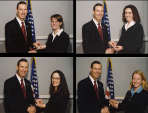 A composite image of four Knauss Fellows shaking hands with then-NOAA Administrator, Vice Admiral Conrad C. Lautenbacher, in front of the U.S.A. flag. 