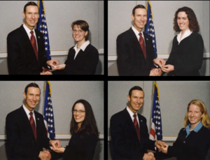 A composite image of four Knauss Fellows shaking hands with then-NOAA Administrator, Vice Admiral Conrad C. Lautenbacher, in front of the U.S.A. flag.