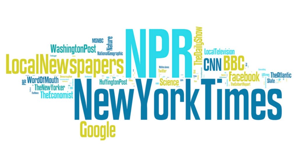 A word cloud in blues and greens pulling from scientist responses to the question, where do you get your news. Largest words in the cloud are NPR, New York Times, Local Newspapers, Google, BBC, CNN, Washington Post. 