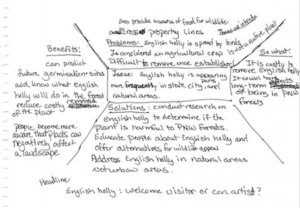 Handwritten Message Box from Andrea Watts on the topic of English holly appearing more frequently in parks and natural areas and potential consequences for ecosystems. 