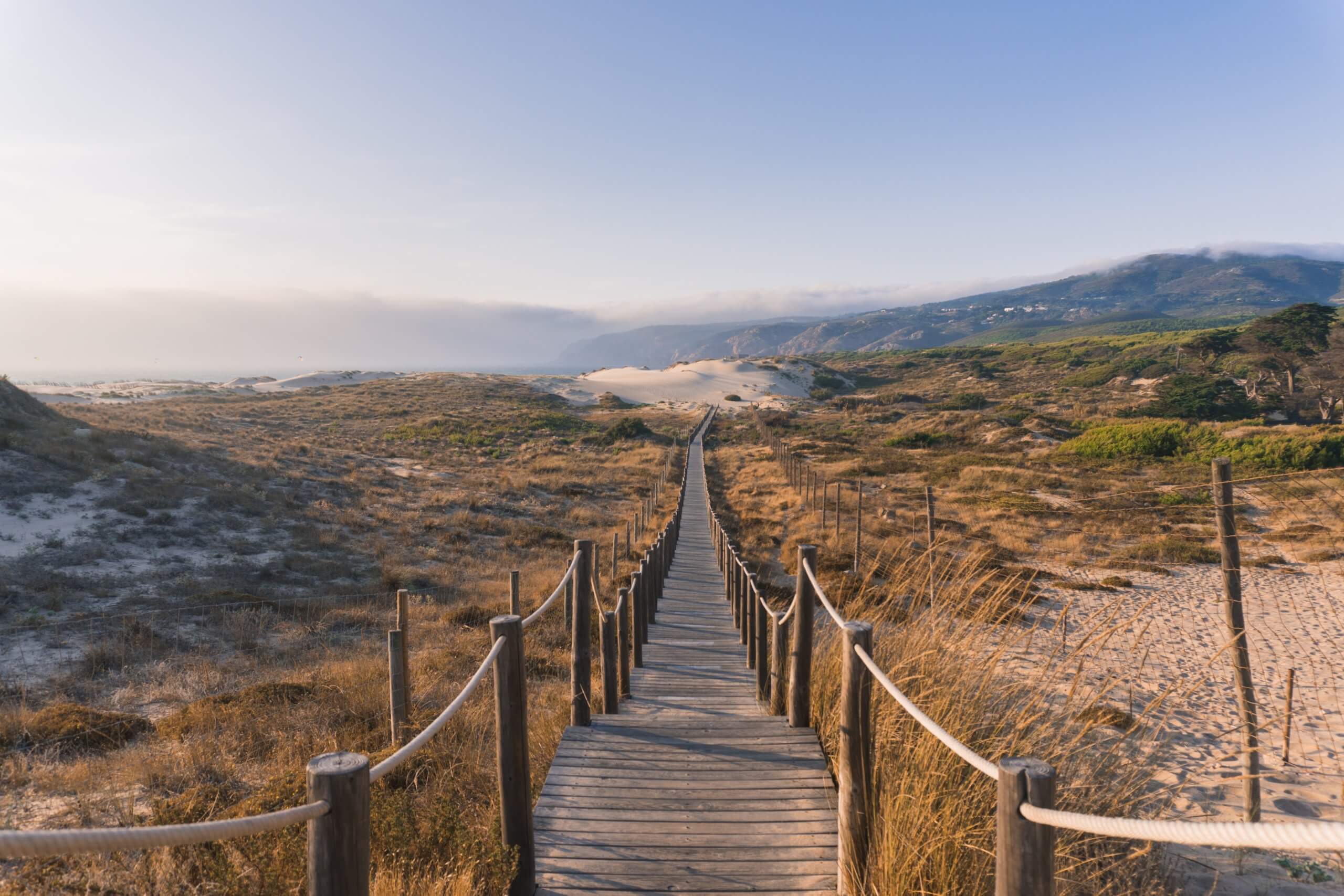 A straight wooden path over sand dunes and beach grass disappears into a misty horizon.