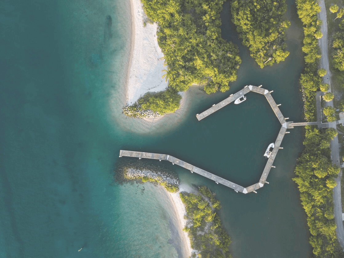 Aerial view of a coastline with trees and a bridge in the center